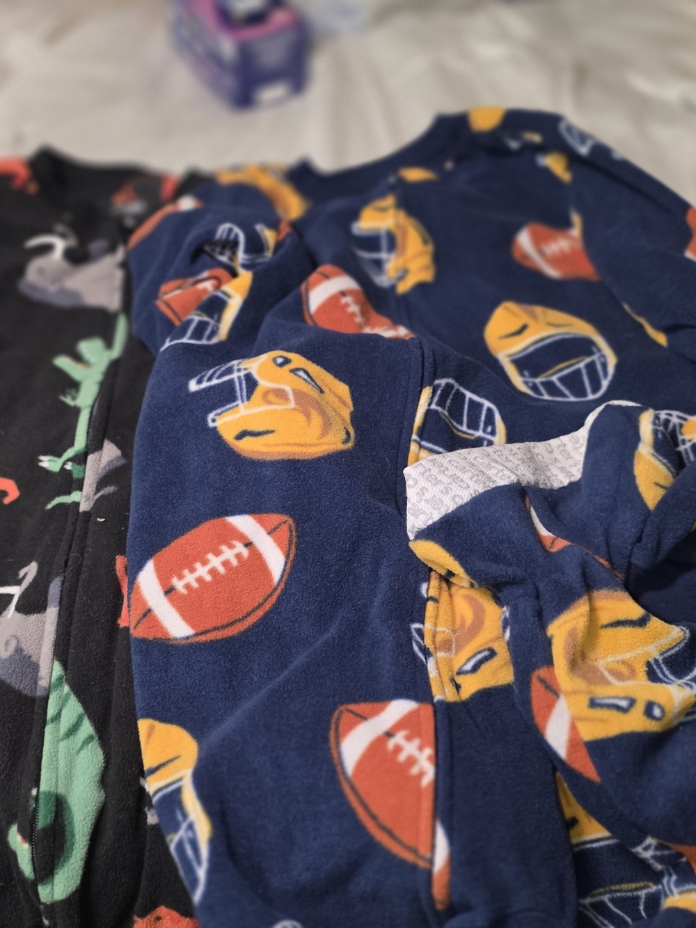 2 Carters Boys Navy Football Print Pajama Footed Fleece/ Dino Black